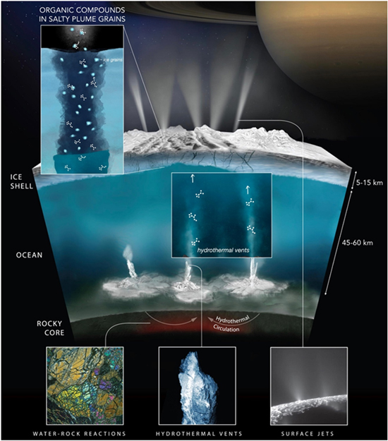 Graphic depicting the suspected internal structure of Enceladus. It notes an ice shell 5-15km thick, followed by an ocean 45-60km thick. At the base is a rocky core, where water and rock interact around hydrothermal circulation. Those vents push water and debris through surface jets, where organic compounds are found in the salty plumes.